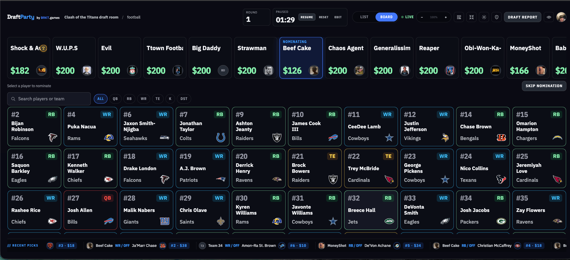 Fantasy football draft board showing teams, player rankings, and draft controls